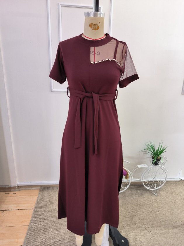 Rochie midi janjan crep pentru femei, cu mâneci scurte, guler rotund, umăr cu detaliu din tul, perle și șliț, 35260
