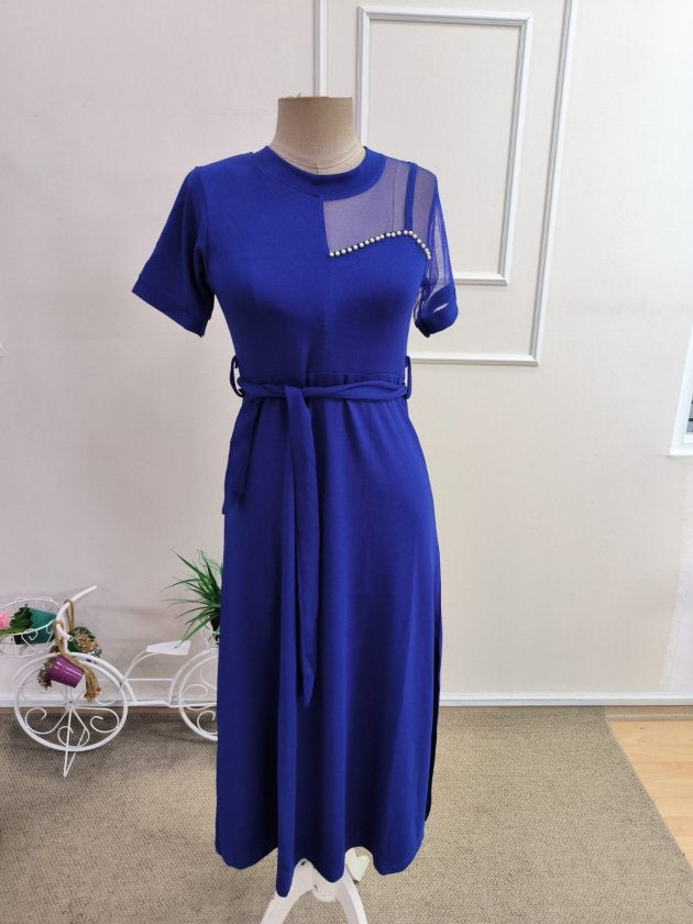 Rochie midi janjan crep pentru femei, cu mânecă scurtă, guler tip inel, detalii din tul pe un umăr, perlă și șliț, 35261