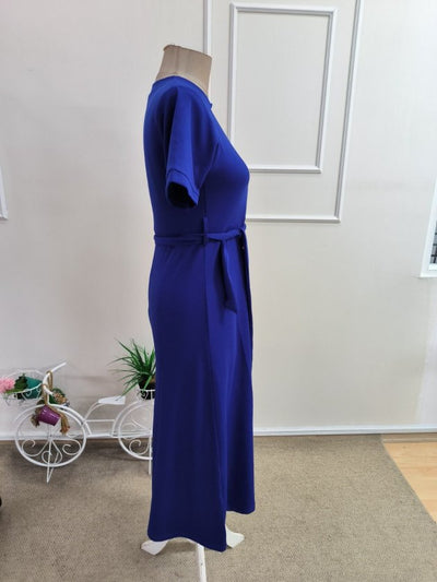 Rochie midi janjan crep pentru femei, cu mânecă scurtă, guler tip inel, detalii din tul pe un umăr, perlă și șliț, 35261