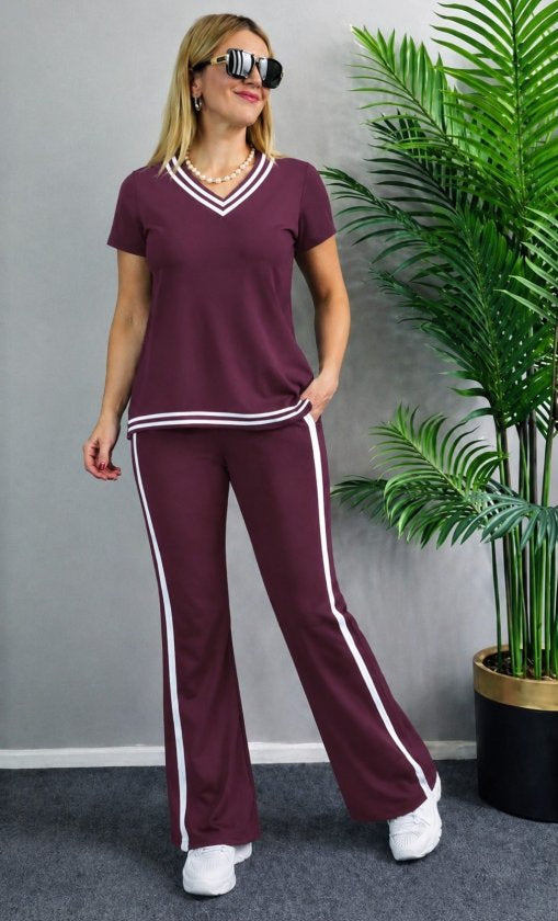 Costum pentru femei din 2 piese - bluz viscoza cu maneca scurta, guler V si pantaloni, 35484