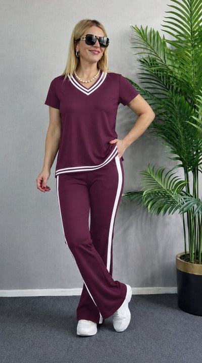 Costum pentru femei din 2 piese - bluz viscoza cu maneca scurta, guler V si pantaloni, 35484