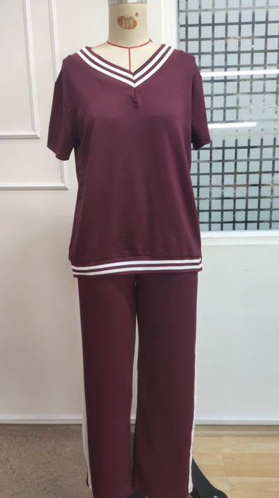 Costum pentru femei din 2 piese - bluz viscoza cu maneca scurta, guler V si pantaloni, 35484
