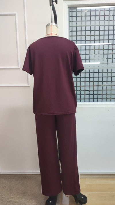 Costum pentru femei din 2 piese - bluz viscoza cu maneca scurta, guler V si pantaloni, 35484