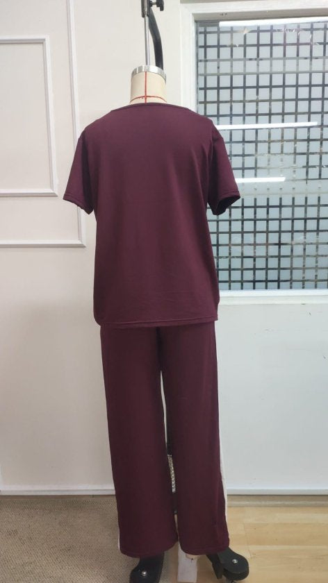 Costum pentru femei din 2 piese - bluz viscoza cu maneca scurta, guler V si pantaloni, 35484
