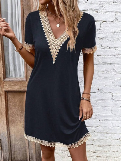 Rochie din Viscon, Femeie, Mânecă Scurtă, Gât V, Detaliu Dantelă, Lungime Scurtă, 36716