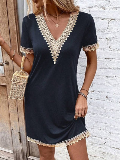 Rochie din Viscon, Femeie, Mânecă Scurtă, Gât V, Detaliu Dantelă, Lungime Scurtă, 36716