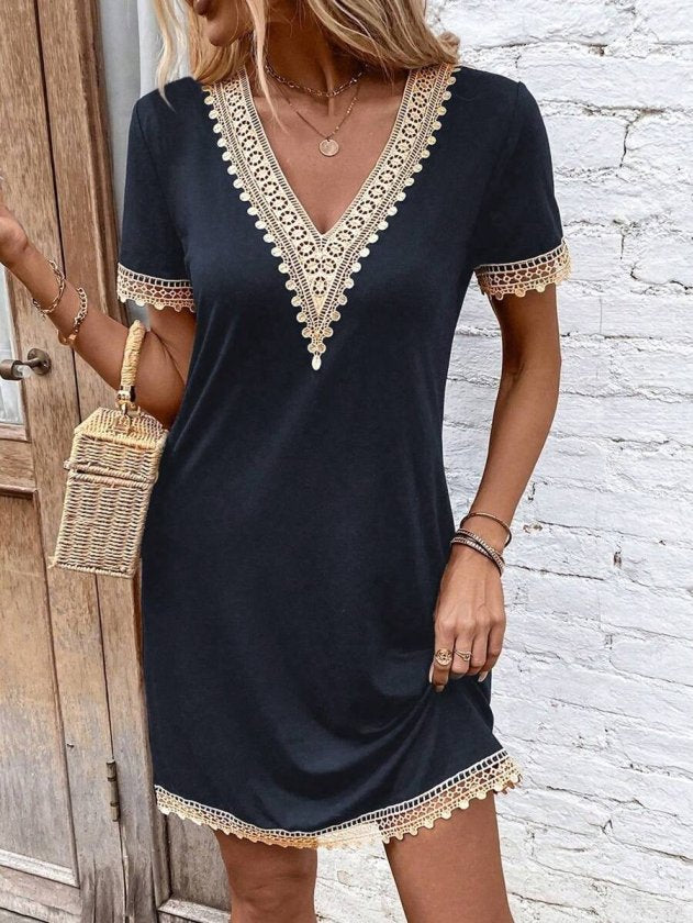 Rochie din Viscon, Femeie, Mânecă Scurtă, Gât V, Detaliu Dantelă, Lungime Scurtă, 36716