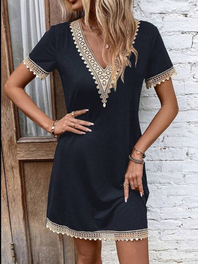 Rochie din Viscon, Femeie, Mânecă Scurtă, Gât V, Detaliu Dantelă, Lungime Scurtă, 36716