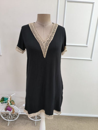 Rochie din Viscon, Femeie, Mânecă Scurtă, Gât V, Detaliu Dantelă, Lungime Scurtă, 36716