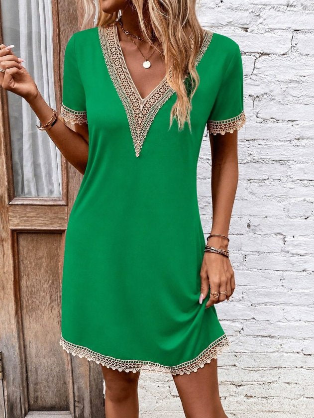 Rochie din Viscon, Femeie, Mânecă Scurtă, Gât V, Detaliu Dantelă, Lungime Scurtă, 36715