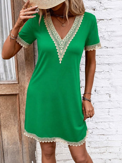 Rochie din Viscon, Femeie, Mânecă Scurtă, Gât V, Detaliu Dantelă, Lungime Scurtă, 36715