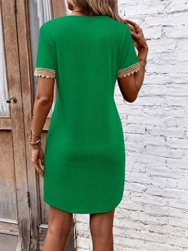 Rochie din Viscon, Femeie, Mânecă Scurtă, Gât V, Detaliu Dantelă, Lungime Scurtă, 36715