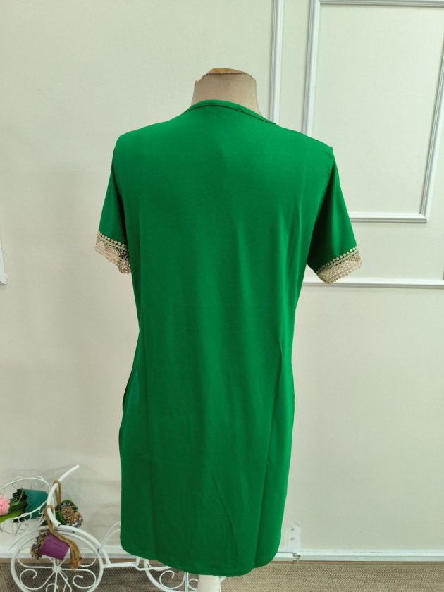 Rochie din Viscon, Femeie, Mânecă Scurtă, Gât V, Detaliu Dantelă, Lungime Scurtă, 36715