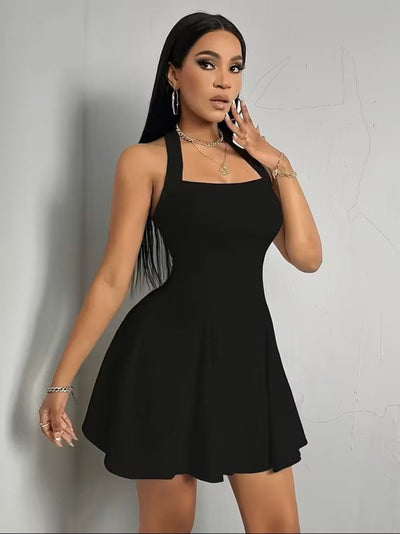 Rochie scurtă din neopren pentru femei cu bretele de gât, gât geometric, 37556