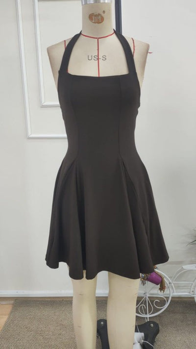 Rochie scurtă cu guler geometric și bretele pe gât pentru femei, din neopren, 37558