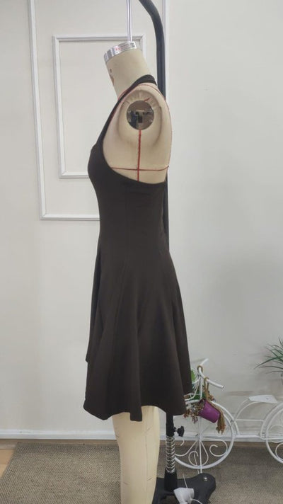 Rochie scurtă cu guler geometric și bretele pe gât pentru femei, din neopren, 37558