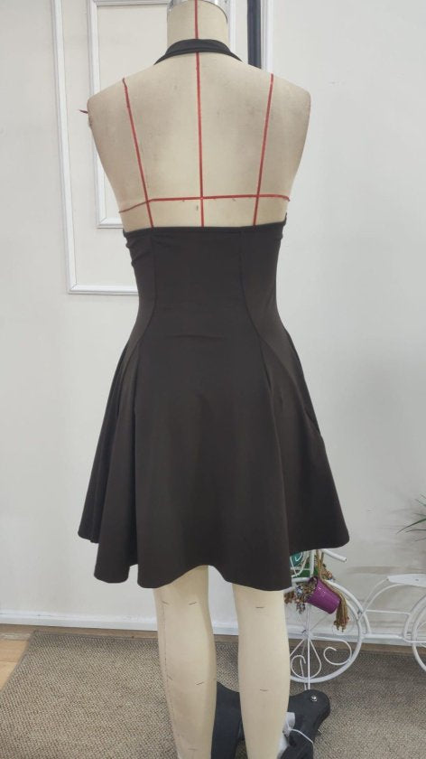 Rochie scurtă cu guler geometric și bretele pe gât pentru femei, din neopren, 37558