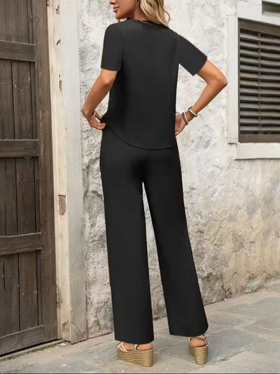 Set Două Piese, Femeie, Bluză din Sandy cu Mânecă Scurtă, Gât Barcă, Detaliu Asimetric, Pantalon, Lungime Scurtă, 36848
