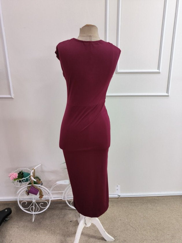 Rochie midi Sandy de damă, cu mânecă scurtă, decolteu în V, detalii înfășurate în față și crăpătură, 35329
