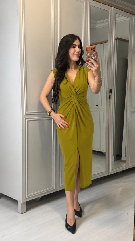 Rochie midi Sandy cu mânecă scurtă, de damă, decolteu în V, detalii înfășurate în față, cu crăpătură, 35330