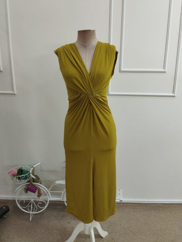 Rochie midi Sandy cu mânecă scurtă, de damă, decolteu în V, detalii înfășurate în față, cu crăpătură, 35330
