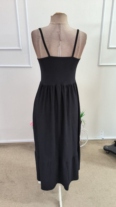 Rochie midi din bürümcük cu bretele șnur, guler V, cu nasturi pe față, 36706
