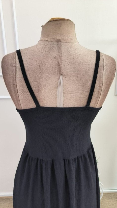 Rochie midi din bürümcük cu bretele șnur, guler V, cu nasturi pe față, 36706