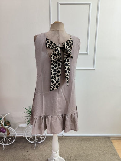 Rochie Scurtă din Viscon Țesută pentru Femei, Atârnată, Guler Bicicletă, Panglică Leopard cu Șiret, Fundă la Spate, 35354