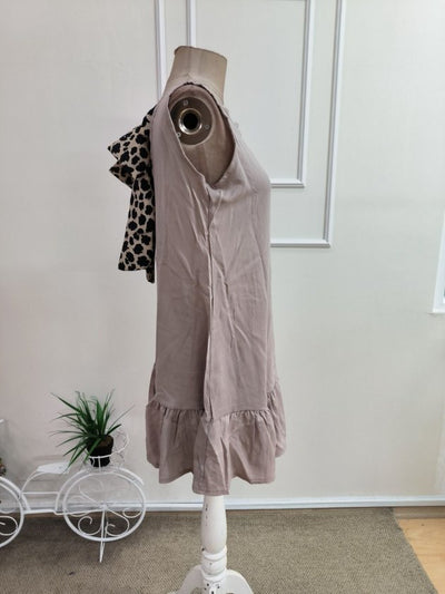 Rochie Scurtă din Viscon Țesută pentru Femei, Atârnată, Guler Bicicletă, Panglică Leopard cu Șiret, Fundă la Spate, 35354
