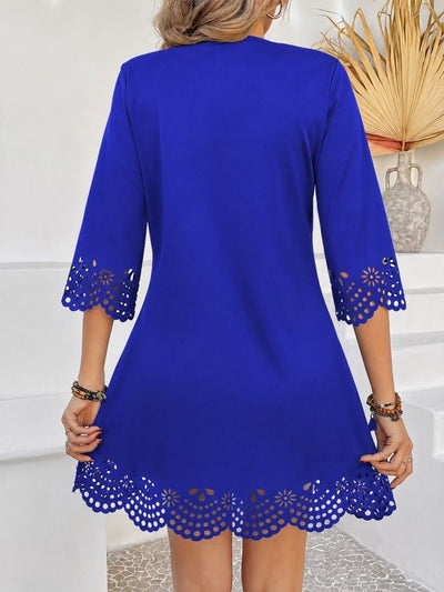 Rochie de damă importată, crep, scurtă, cu mânecă scurtă, decolteu în V, tăiată cu laser, cu model floral, 35369