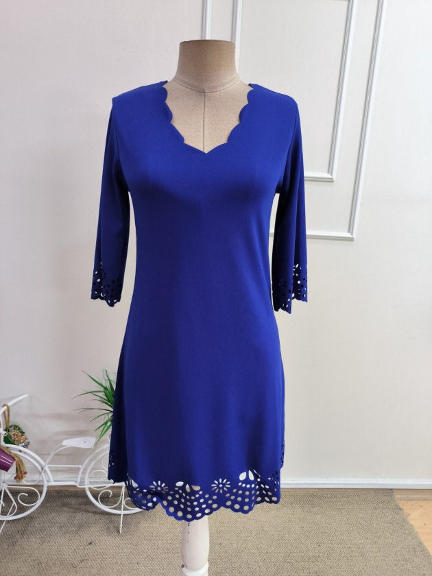 Rochie de damă importată, crep, scurtă, cu mânecă scurtă, decolteu în V, tăiată cu laser, cu model floral, 35369