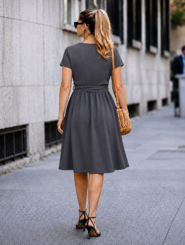 Rochie crep Janjan scurta pentru femei cu maneca scurta, guler, snur la talie, 35502