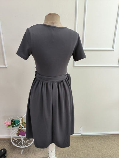 Rochie crep Janjan scurta pentru femei cu maneca scurta, guler, snur la talie, 35502
