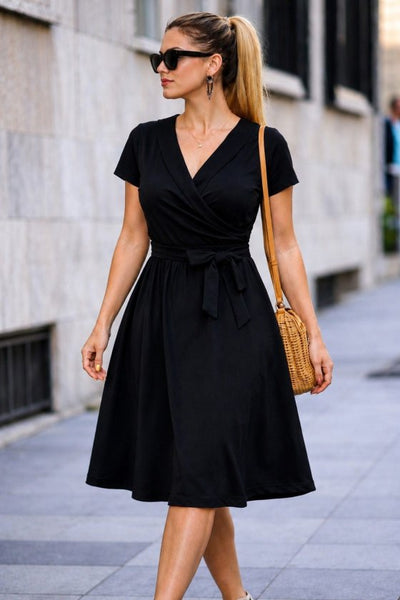 Rochie crep Janjan scurta pentru femei cu maneca scurta, guler, snur la talie, 35503