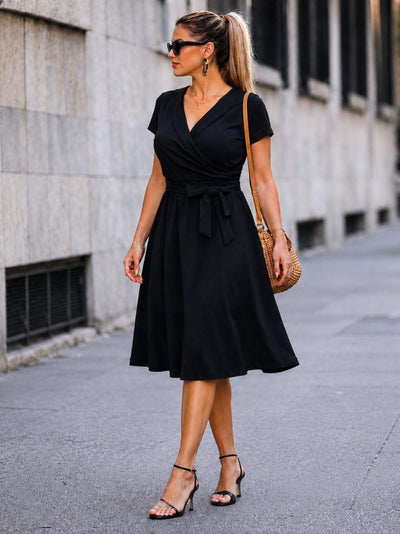 Rochie crep Janjan scurta pentru femei cu maneca scurta, guler, snur la talie, 35503