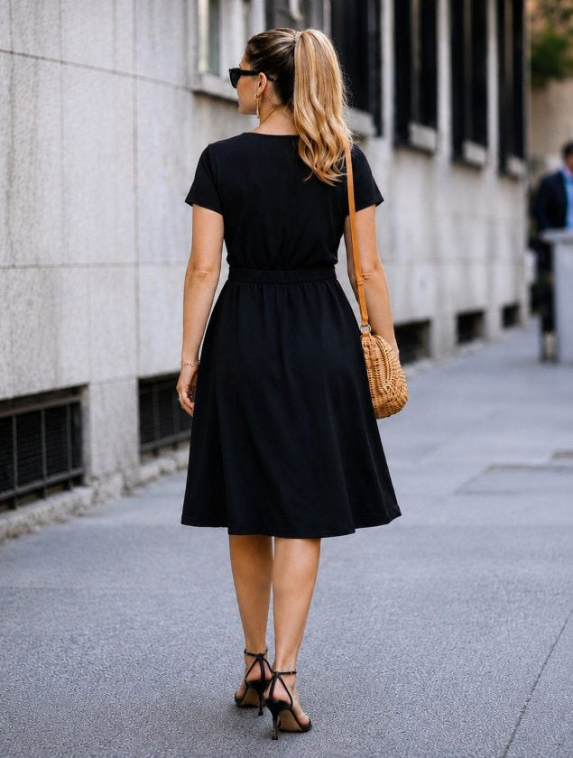Rochie crep Janjan scurta pentru femei cu maneca scurta, guler, snur la talie, 35503