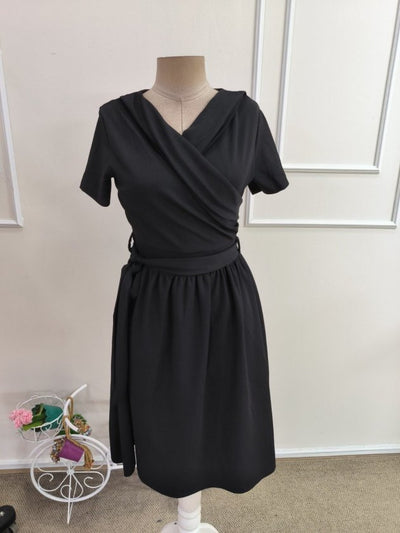 Rochie crep Janjan scurta pentru femei cu maneca scurta, guler, snur la talie, 35503