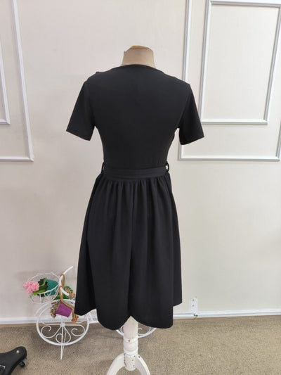 Rochie crep Janjan scurta pentru femei cu maneca scurta, guler, snur la talie, 35503