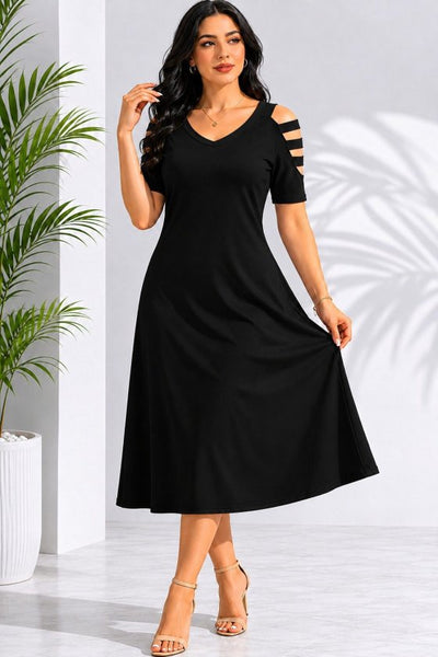 Rochie viscoza midi pentru femei cu maneca scurta, guler V, snur decorativ pe umeri, 35515