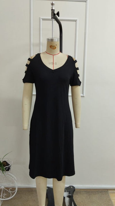Rochie viscoza midi pentru femei cu maneca scurta, guler V, snur decorativ pe umeri, 35515
