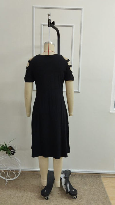 Rochie viscoza midi pentru femei cu maneca scurta, guler V, snur decorativ pe umeri, 35515