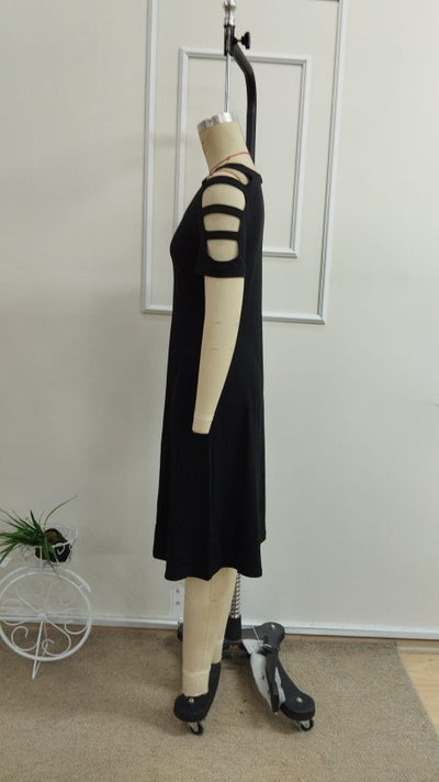 Rochie viscoza midi pentru femei cu maneca scurta, guler V, snur decorativ pe umeri, 35515