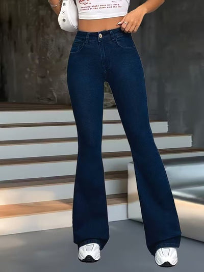 Pantaloni denim cu talie inalta, croiala larga spre glezne, 35442