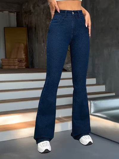 Pantaloni denim cu talie inalta, croiala larga spre glezne, 35442