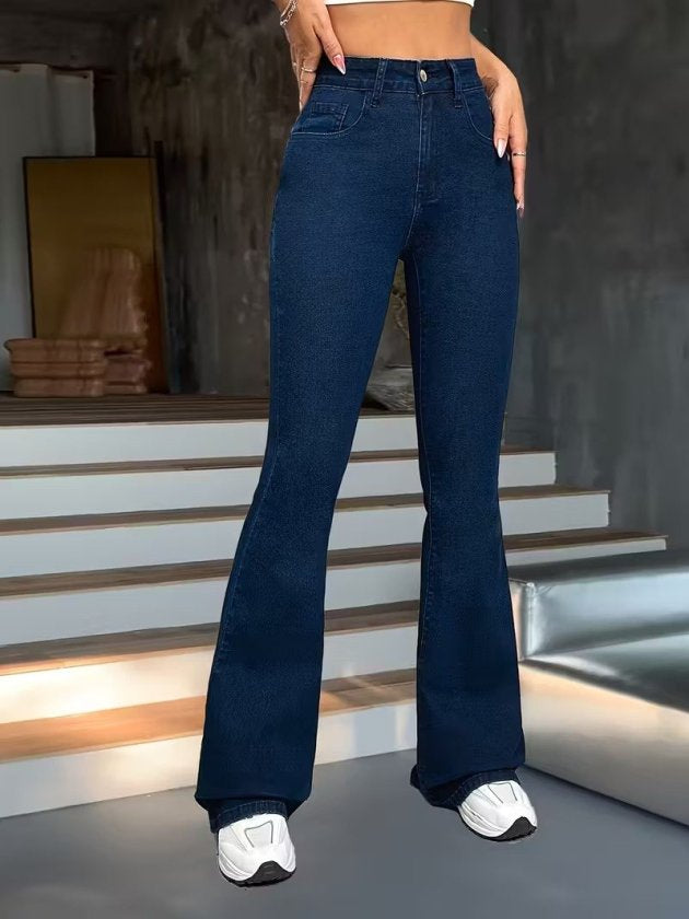 Pantaloni denim cu talie inalta, croiala larga spre glezne, 35442