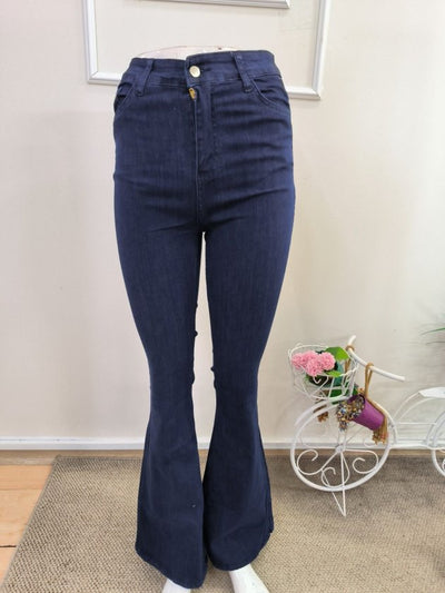 Pantaloni denim cu talie inalta, croiala larga spre glezne, 35442