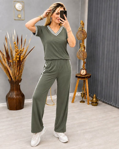 Costum pentru femei din 2 piese - bluz viscoza cu maneca scurta, guler V si pantaloni, 35466