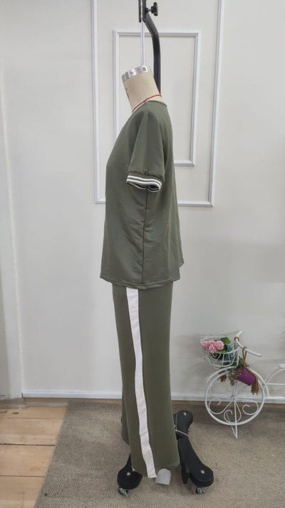 Costum pentru femei din 2 piese - bluz viscoza cu maneca scurta, guler V si pantaloni, 35466