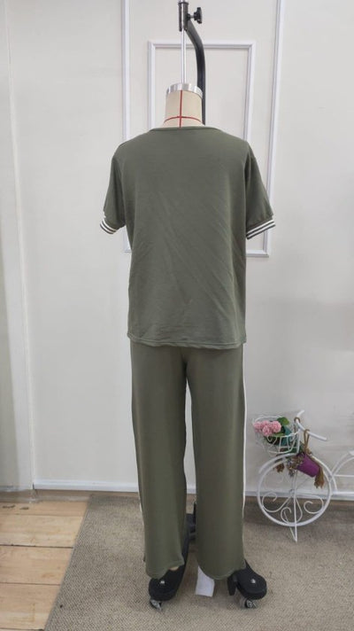Costum pentru femei din 2 piese - bluz viscoza cu maneca scurta, guler V si pantaloni, 35466