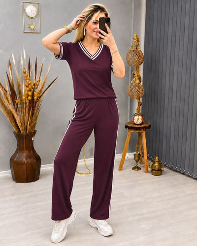 Set Două Piese Damă Bluză cu Mânecă Scurtă Decolteu în V Viscoză Două Fire și Pantaloni, 35467